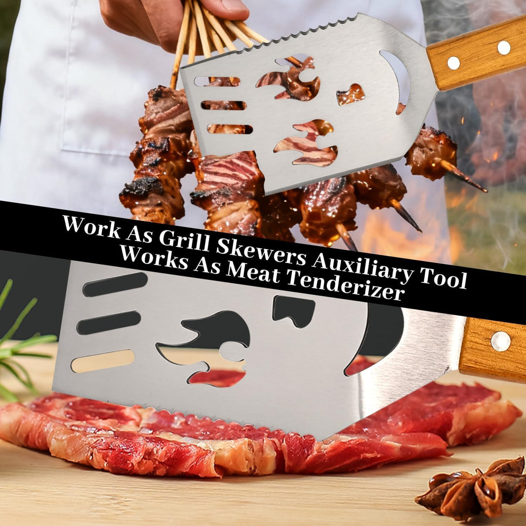 Grillbesteck-Set, 42cm Edelstahl-Spachtel mit Flaschenöffner, Holzgriff, Grillzubehör für draussen,