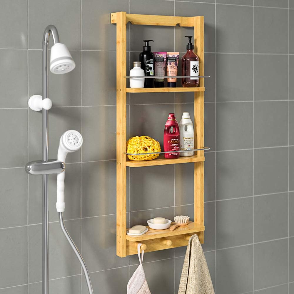 Casaria® Duschregal Zum Hängen 3 Ablagen 3 Haken 70x29x10cm Duschablage Hängend Badregal Bambus Holz