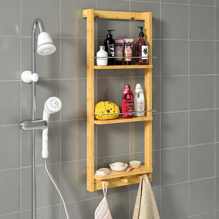 Casaria® Duschregal Zum Hängen 3 Ablagen 3 Haken 70x29x10cm Duschablage Hängend Badregal Bambus Holz