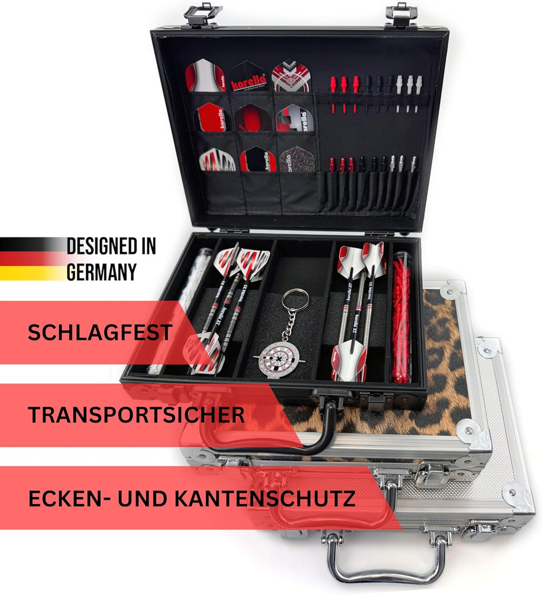 Karella Dartkoffer Luxus in 3 Farben, schlagfest, Platz für 4 komplette Dartsets und Zubehör, Dartca