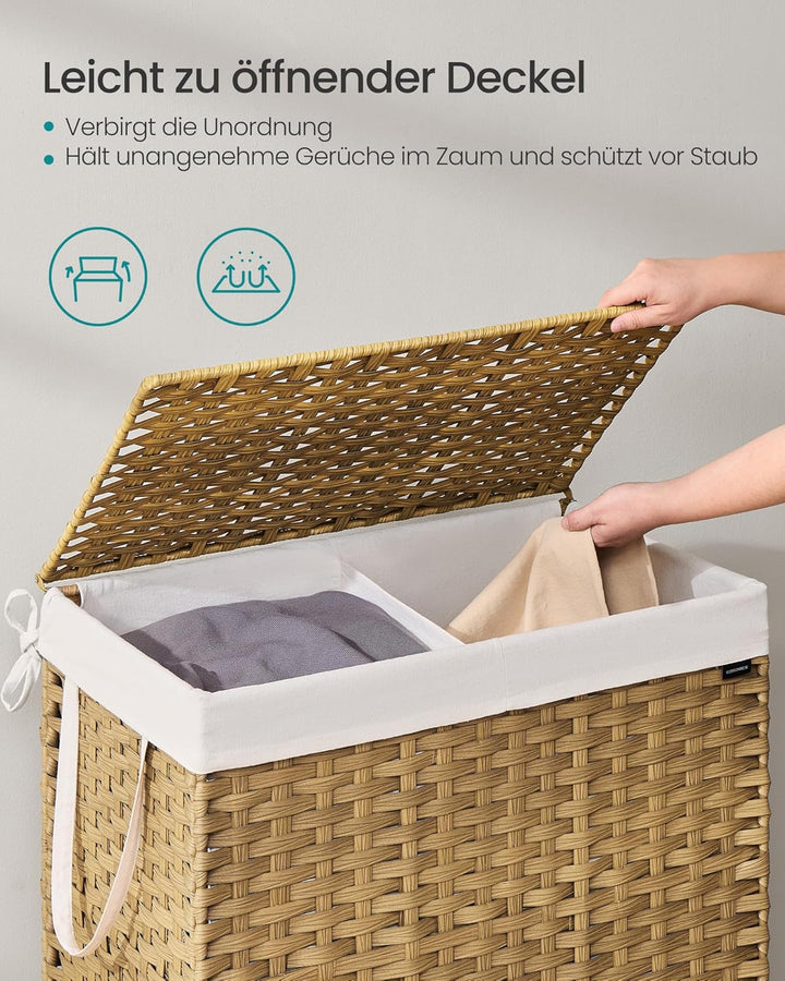 SONGMICS Wäschekorb 2 Fächern, Wäschesammler 160 L, Wäschebox aus synthetischem Rattan, mit Deckel u