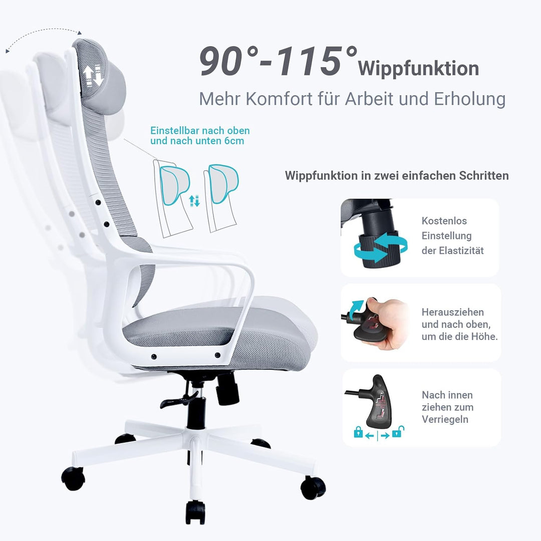 MELOKEA Bürostuhl ergonomisch, Schreibtischstuhl mit Höhenverstellung, Bürostuhl 150kg Grau