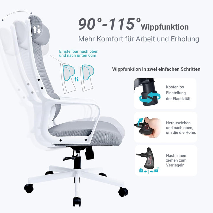 MELOKEA Bürostuhl ergonomisch, Schreibtischstuhl mit Höhenverstellung, Bürostuhl 150kg Grau