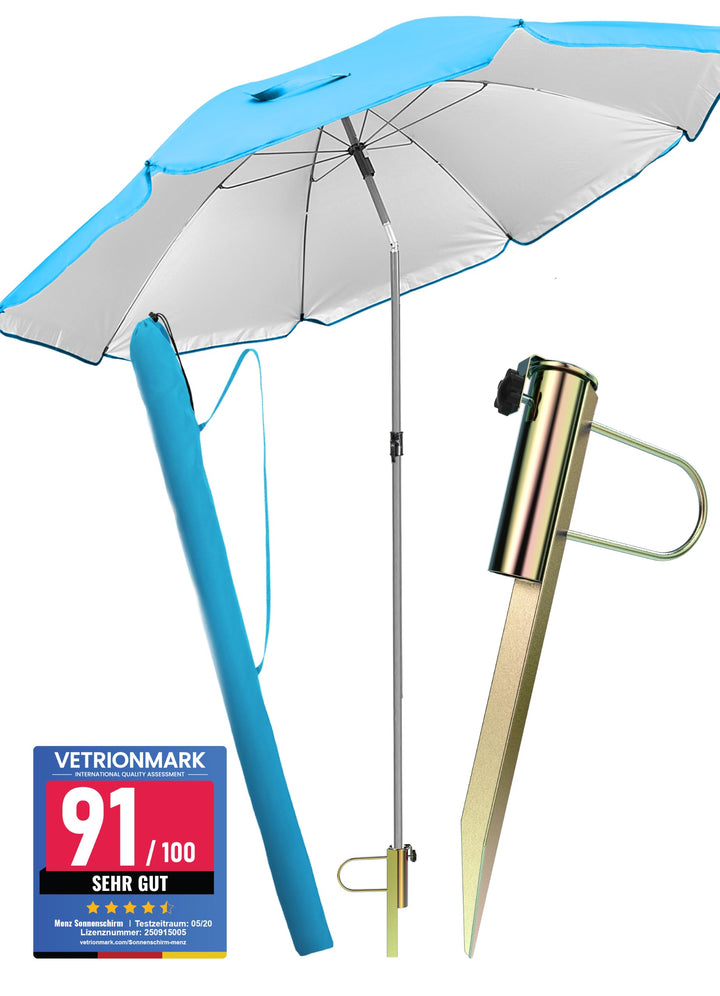 4smile Sonnenschirm Strand 3-IN-1 SET mit Rasendorn, Ø 180 cm, Blau | Strandschirm windfest stabil +