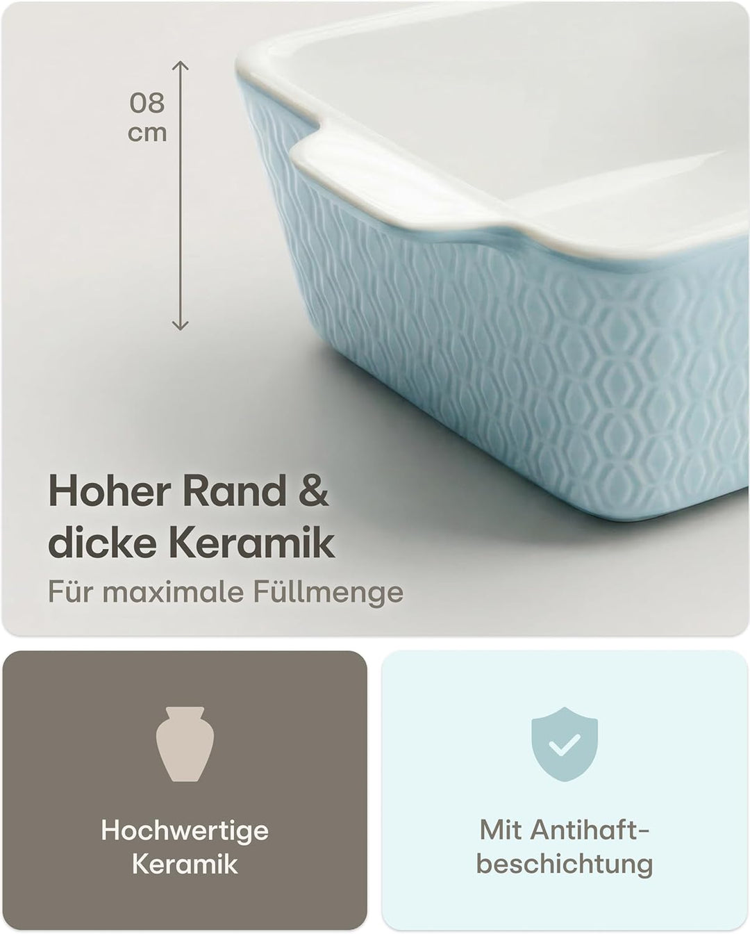 Auflaufform aus Keramik für 2 Personen - Für Lasagne, Tiramisu & Auflauf - Extra Hoher Rand - Eckig
