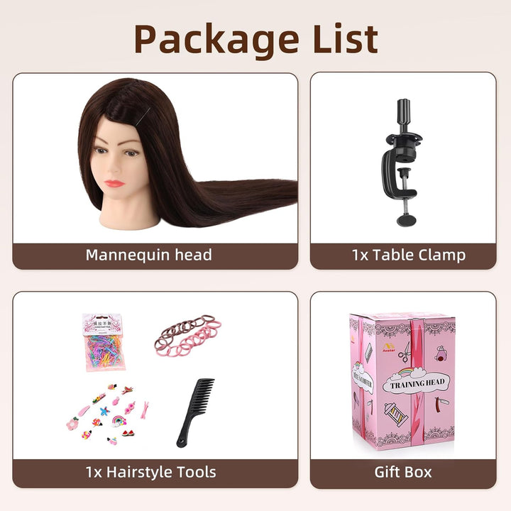 Frisierkopf 80% Echthaar Übungskopf 24 Zoll Frisieren Trainingsköpfe für Friseure Ausbildung Kopf Mi