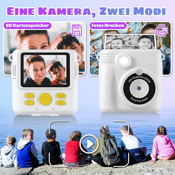 Kinderkamera Sofortbildkamera, 2.4'' Bildschirm 24MP-1080P Sofortbildkamera Kinder mit 16x Digitalzo