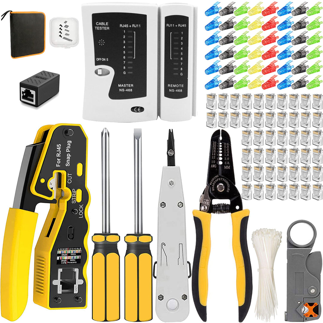 MAYLINEE RJ45 Netzwerk Werkzeug Set Crimpwerkzeugsatz, Durchgangs Crimpschneider für CAT5E/CAT6, Abi