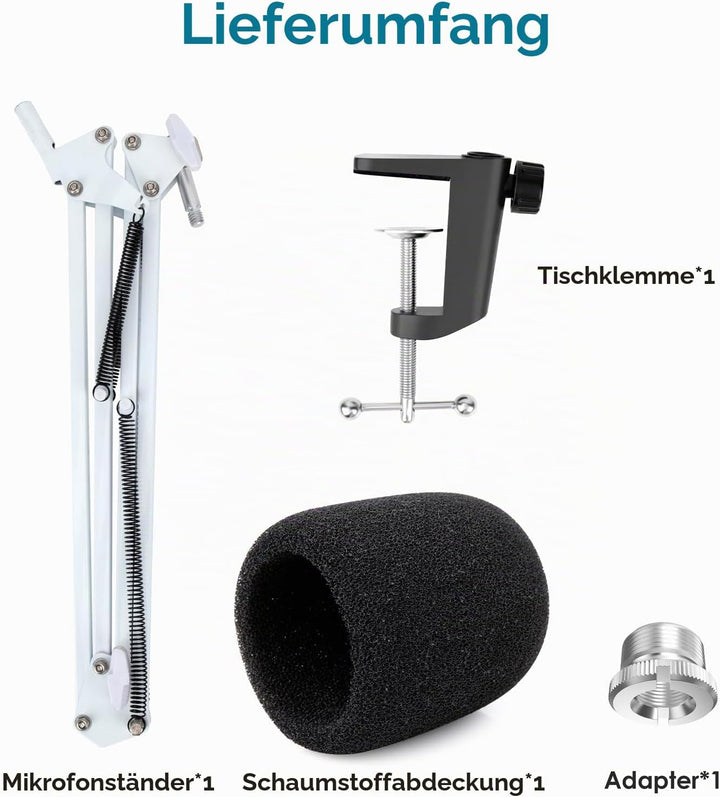 HyperX SoloCast Mikrofon Arm Weiss - Professioneller Studio Desktop Ständer Mikrofonarm mit Schaumst