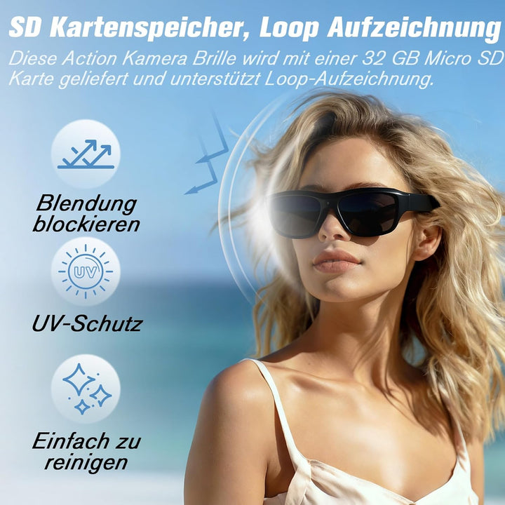 Action Cam, 32GB Sportbrille mit Kamera, Mini Actionkamera 1080P HD, Kleine Videokamera Sonnenbrille