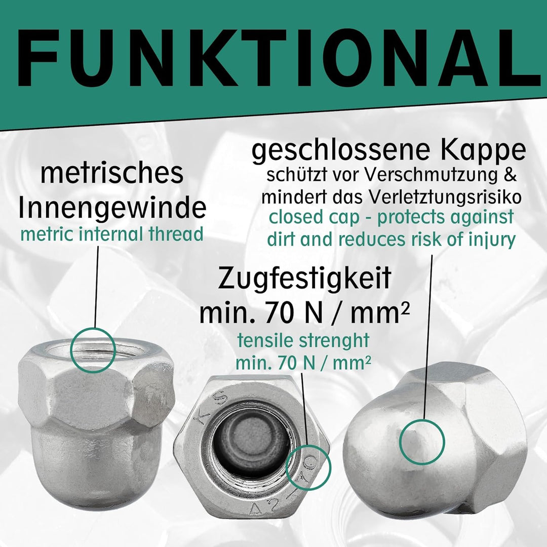 Hutmutter hohe Form nach DIN 1587 rostfreier Edelstahl A2 V2A Sechskant-Hutmuttern (100 Stück, M12)