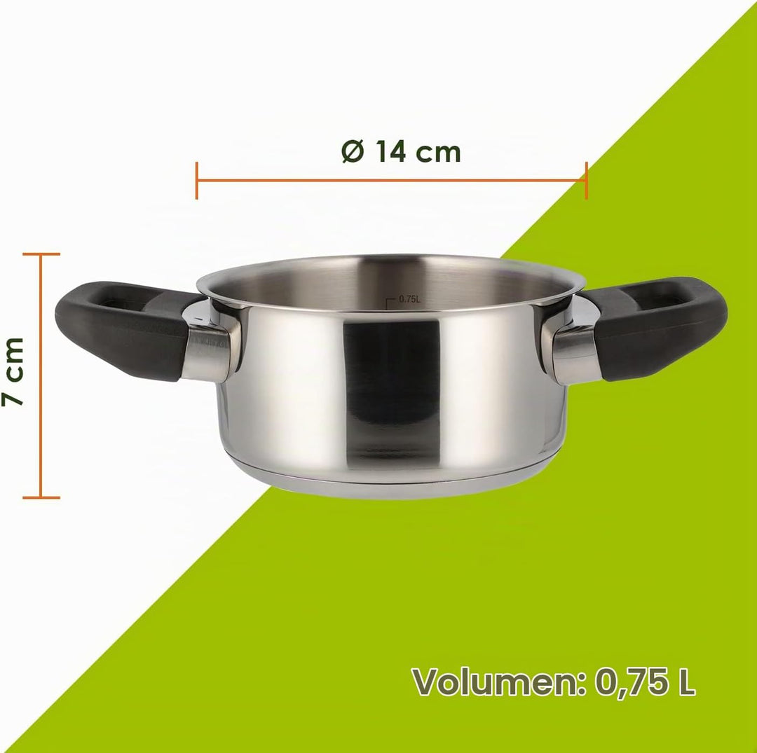 Level One Topf Kochtopf Fleischtopf 14 cm Induktion, Edelstahl unbeschichtet inkl. Glasdeckel | 7 cm