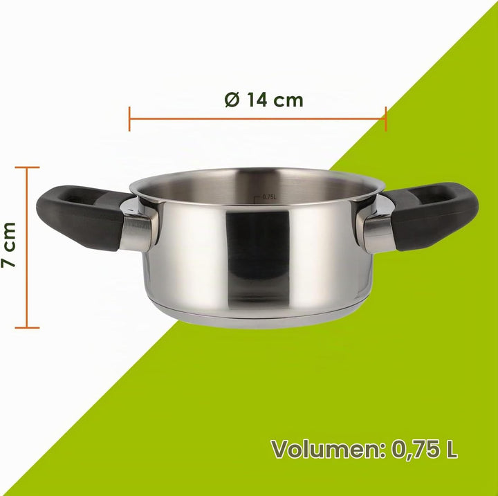 Level One Topf Kochtopf Fleischtopf 14 cm Induktion, Edelstahl unbeschichtet inkl. Glasdeckel | 7 cm