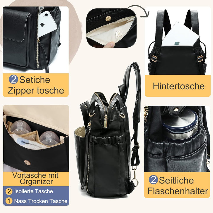 MISS FONG Wickelrucksack Wickeltasche Rucksack Gross Baby Rucksack Kinderwagen Mom Mummy Bag Leder W