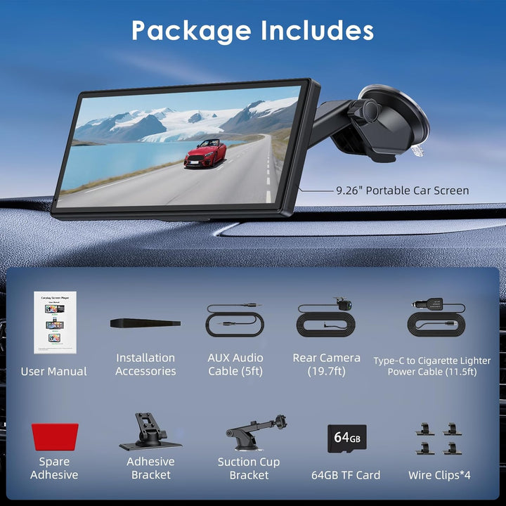 9,26 Zoll Apple Carplay Display & Android Auto Display mit Drehbare 4K Dashcam/Rückfahrkamera 1080P