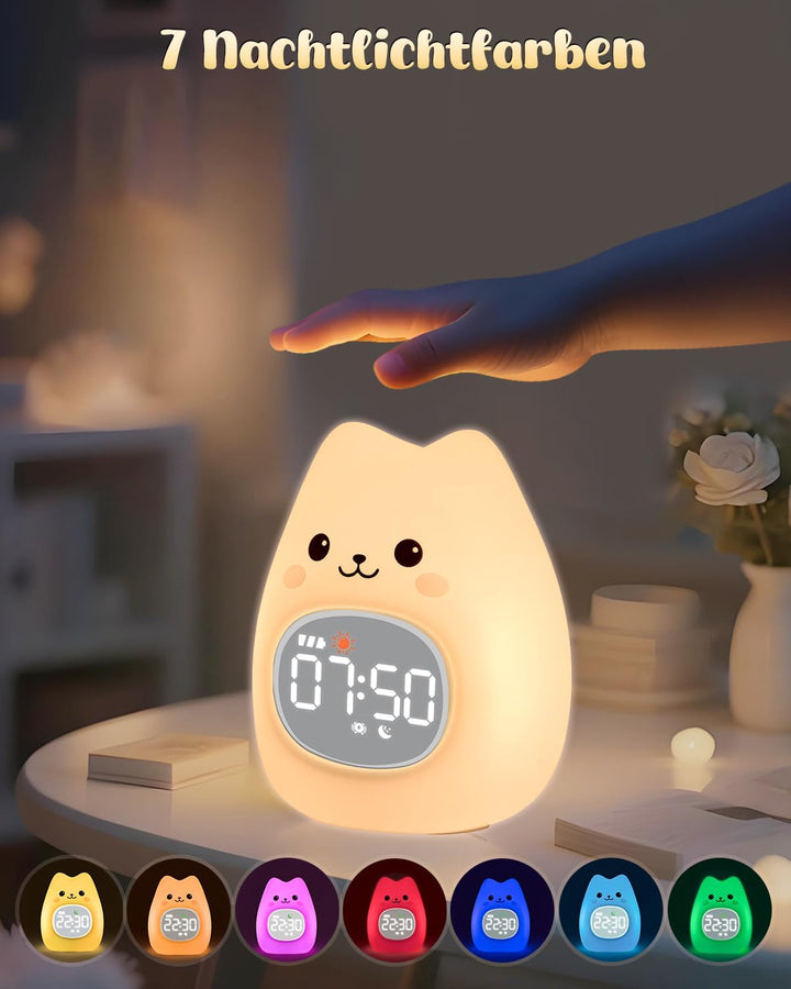 Yiliaw Katzen Kinderwecker mit Nachtlicht – Schlaftrainer & Aufwachuhr, wiederaufladbare Silikonlamp