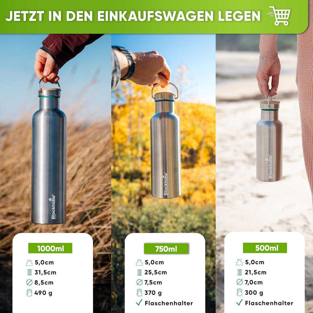 Blockhütte Premium Edelstahl Trinkflasche isoliert I 750ml I mit Naturborsten Bürste I Isolierflasch