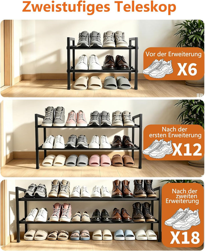 Ausziehbares Schuhregal Schmal, 2 Ebenen Adjustable Metall Schuhaufbewahrung 44 to 109 cm, Freistehe