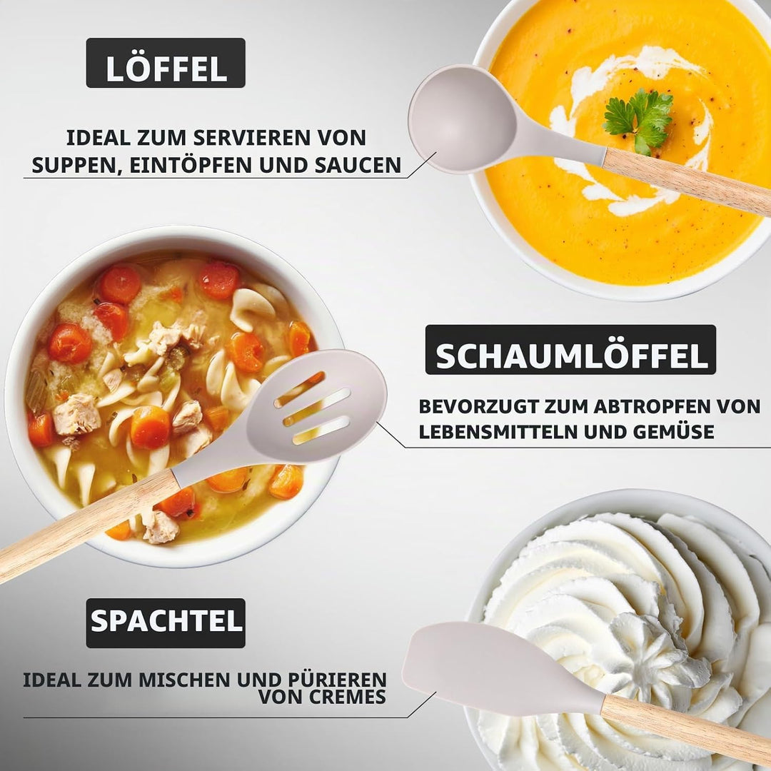 BASVII Küchenhelfer Set Silikon - 12 Stück Küchenutensilien Set aus Silikon und Holzgriffen, Hitzebe