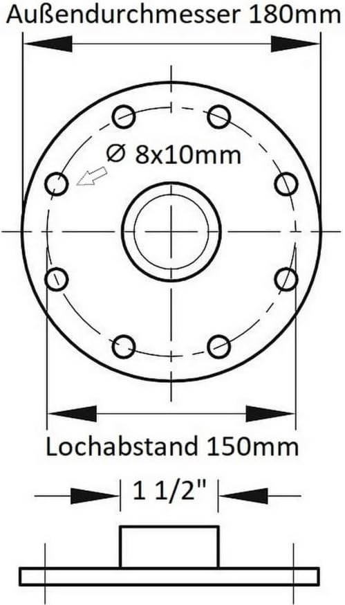 1 1/2" Gewindeflansch Flanschdeckel Flanschplatte Adapter 6/4" Zoll 8 Loch