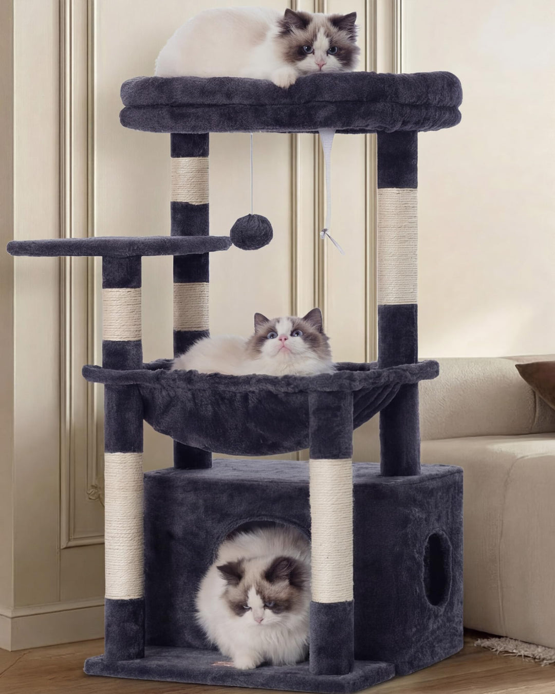 Heybly Kratzbaum, Katzenbaum mit Extra Grossem, Weichem Katzenkorb, Katzenkratzbaum mit Geräumigem K