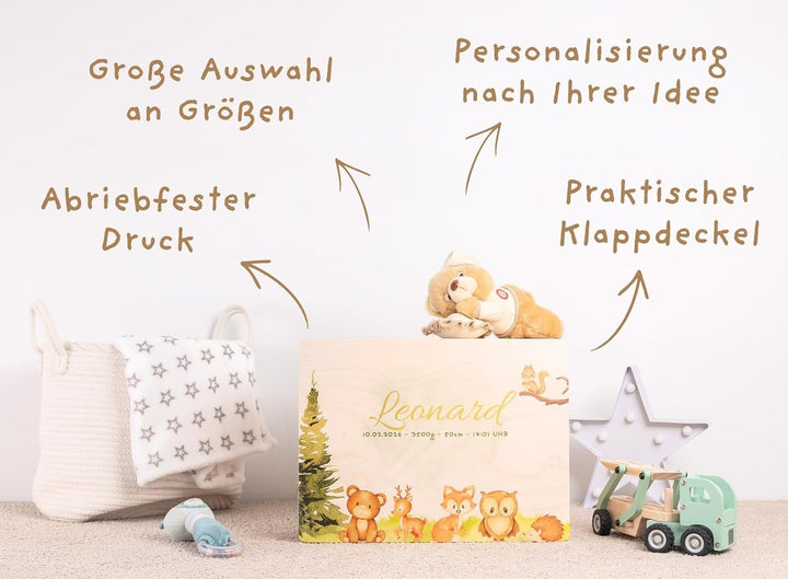 Pinus Personalisierte Erinnerungskiste aus Holz - 40x30x23 cm Geschenkbox mit Text zur Geburt, Taufe