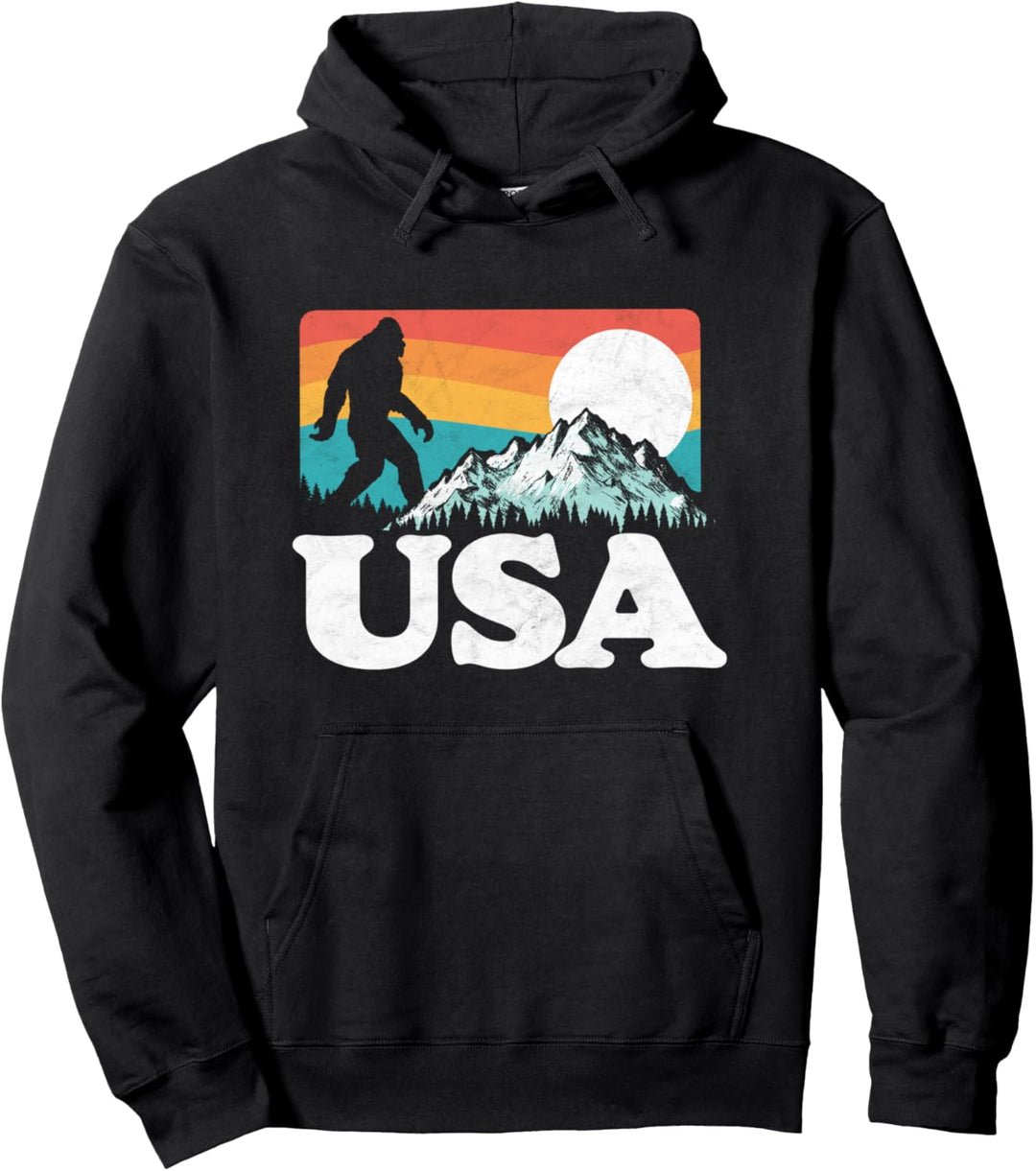 USA Bigfoot Mountains Outdoor 80s Graphic Pullover Hoodie