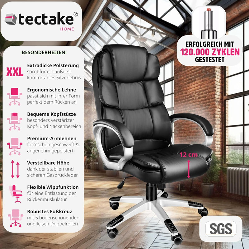 tectake® Chefsessel, Bürostuhl mit 12 cm Polsterung, Schreibtischstuhl mit Armlehnen & Wippfunktion,