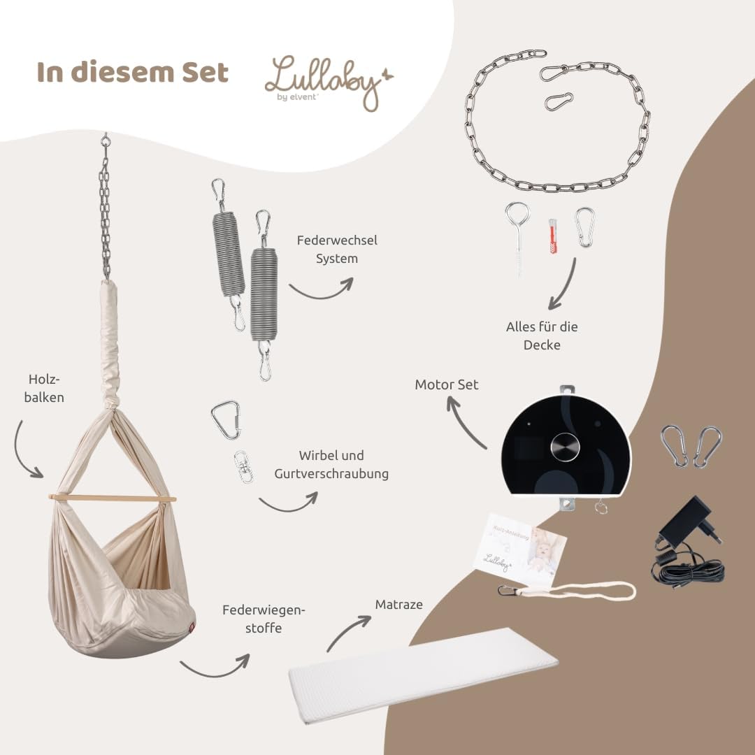 LULLABY Federwiege Set mit Matratze, 100% Baumwolle, Made in Germany (Baby Hängewiege mit Motor & De
