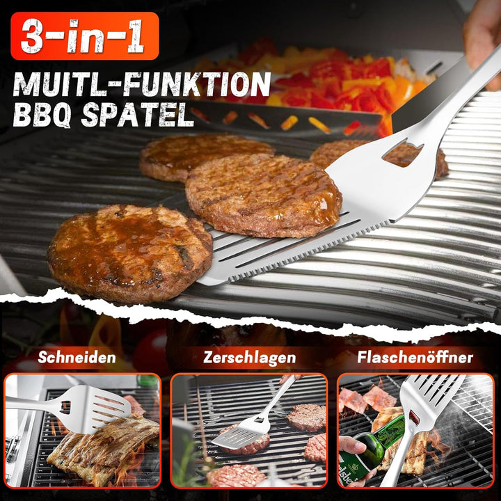 PURPLEBIRD Premium Grillzubehör Set aus Edelstahl - 6-teilig mit 3-in-1 Spatel, Gabel, Zange, Bürste