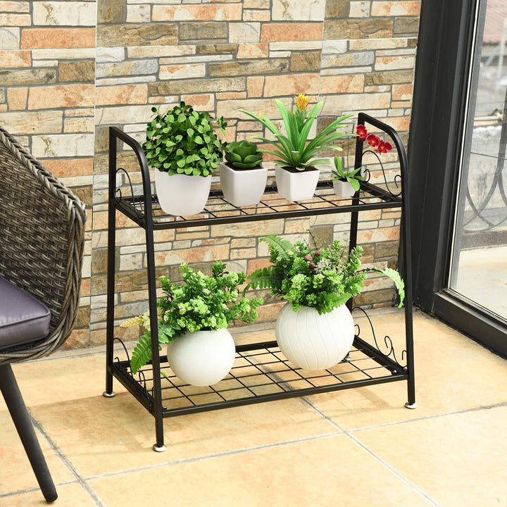 GOPLUS 2-Stufige Metall Blumentreppe, Pflanzenregal mit Griff, Pflanzentreppe, Blumenregal Pflanzens