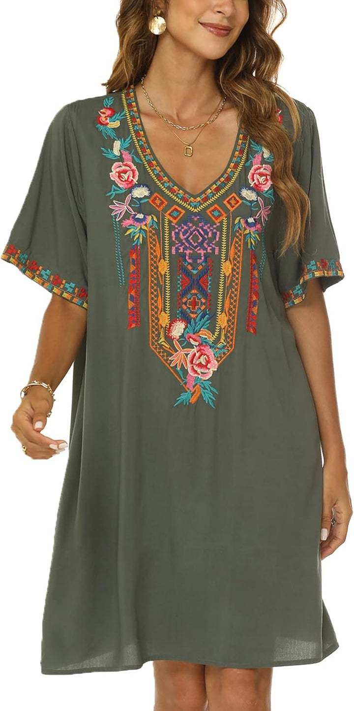 Vakakado Frauen Sommer Boho Mexican Peasant Dress Kurzarm Floral Bestickte Flowy Kleider Lose Hippie