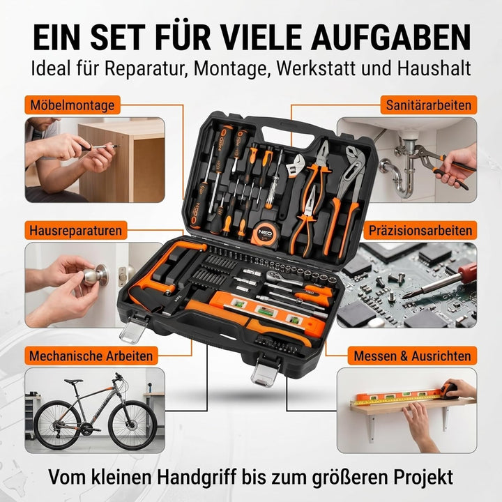 NEO TOOLS Handwerker-Werkzeugsatz, 88 Teile im robusten Koffer | 1/4" Schraubenschlüssel, Inbusschlü