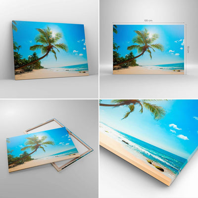 Bilder auf Leinwand 100x70cm Leinwandbild mit Rahmen Strand Palme Meer Gross Wanddeko Bild Schlafzim