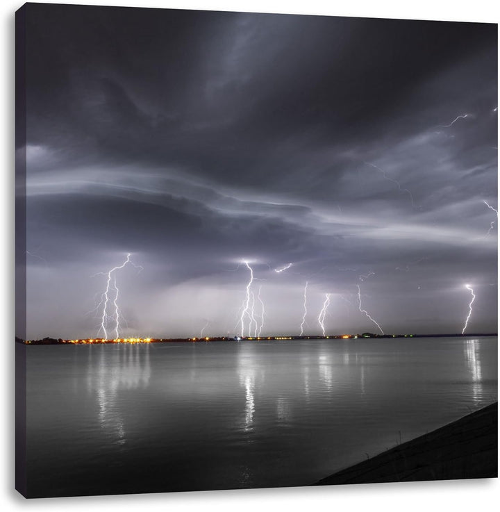 Pixxprint viele Blitzeinschläge über Stadt als Leinwandbild/Grösse: 70x70 cm/Wandbild/Kunstdruck/fer