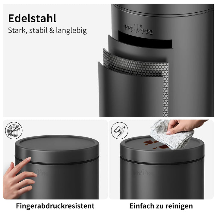 mVm Mülleimer Bad 3L, Mülleimer mit Deckel, Schwarz | Soft-Close, Herausnehmbarem Inneneimer, Finger