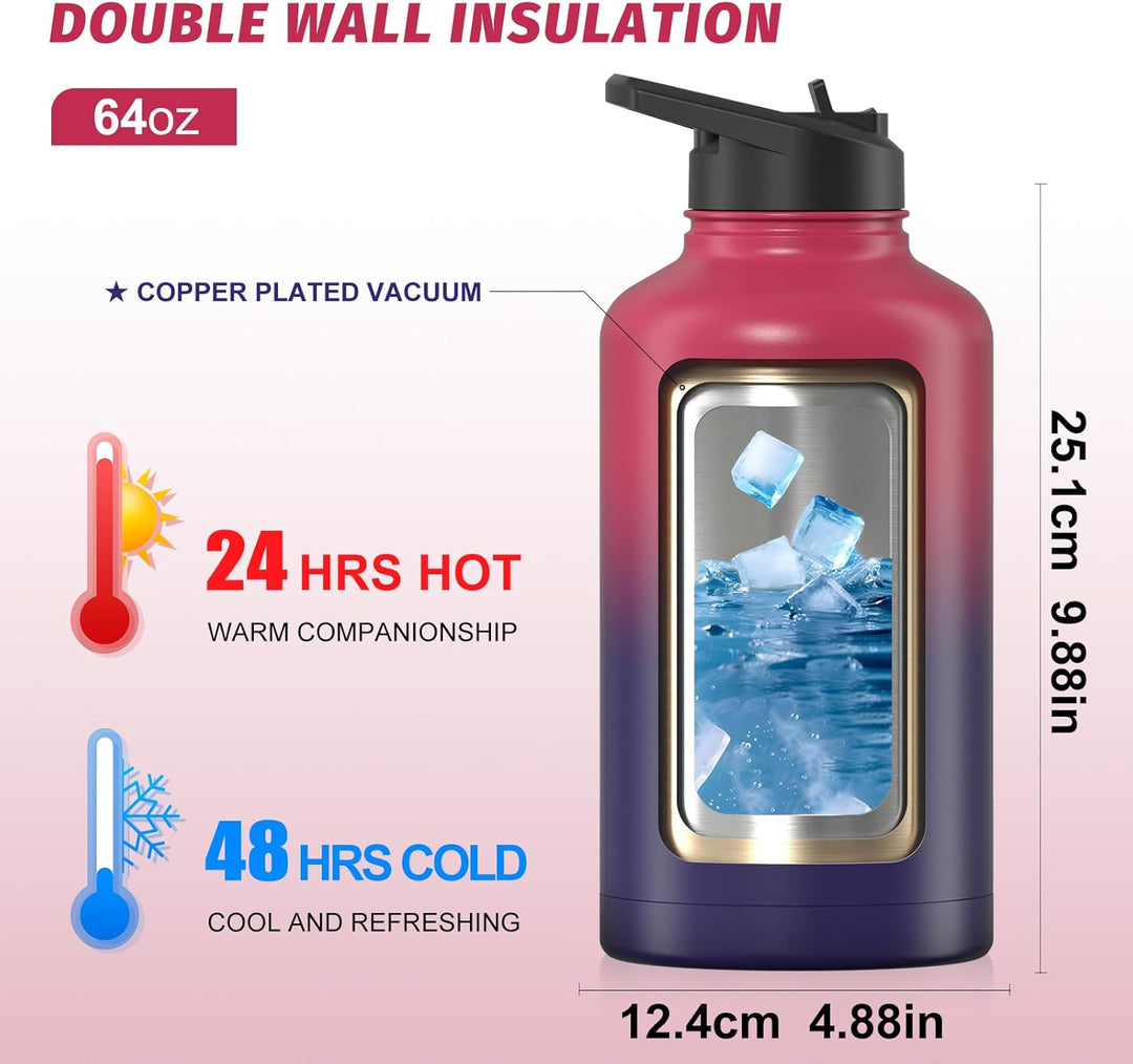 WATERSY Isolierte Edelstahl Trinkflasche 64oz Vakuumisolierte Thermosflasche mit 2 Deckel Auslaufsic