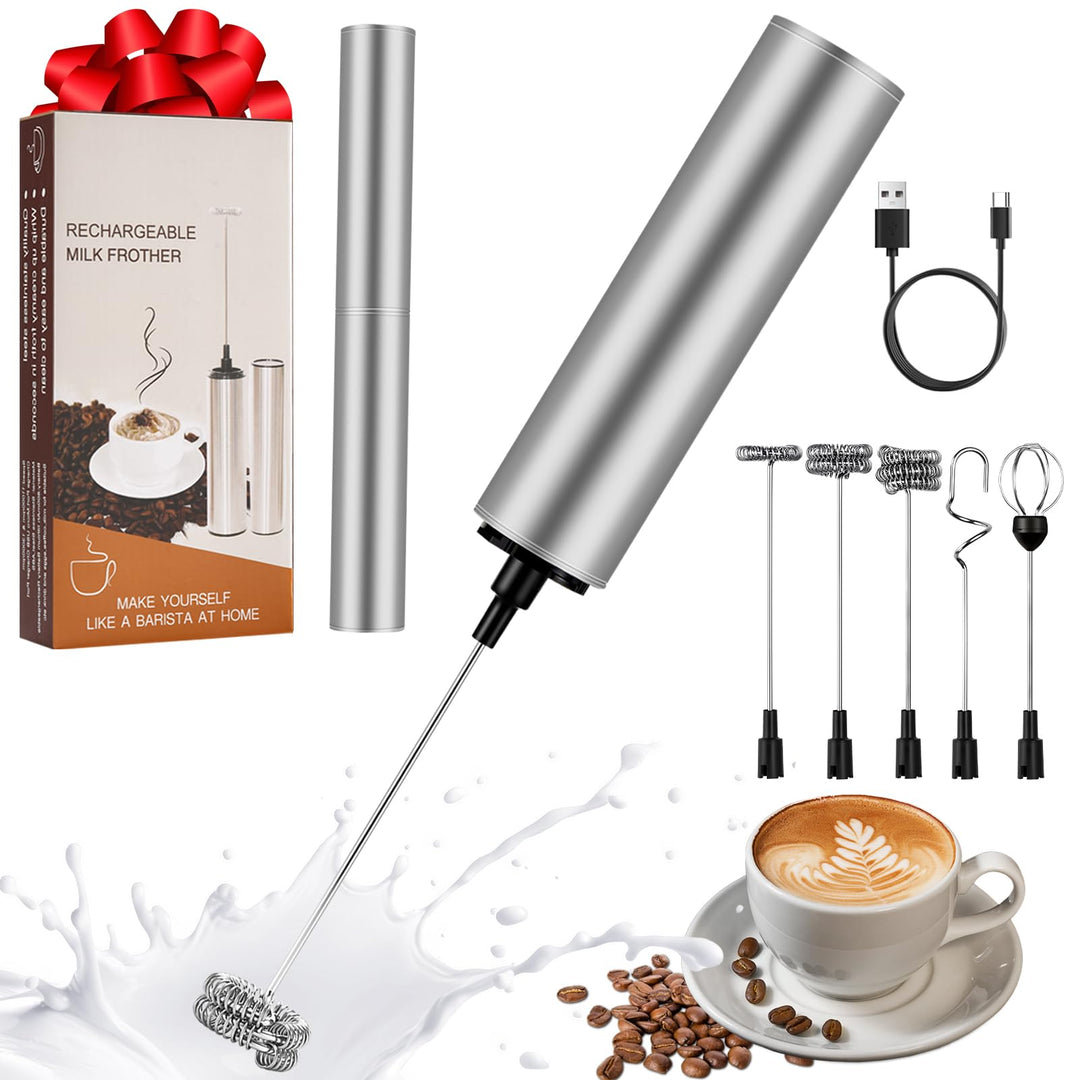 Milchschäumer Elektrisch USB-C mit 5 Wechselbaren Edelstahl-Schneebesen–2 Einstellbare Geschwindigke