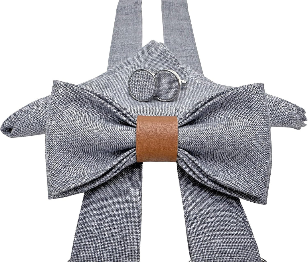 LINILI Leinen Accessoires SET: Fliege, Hosenträger, Einstecktuch, Manschettenknöpfe- Fliege Bereits