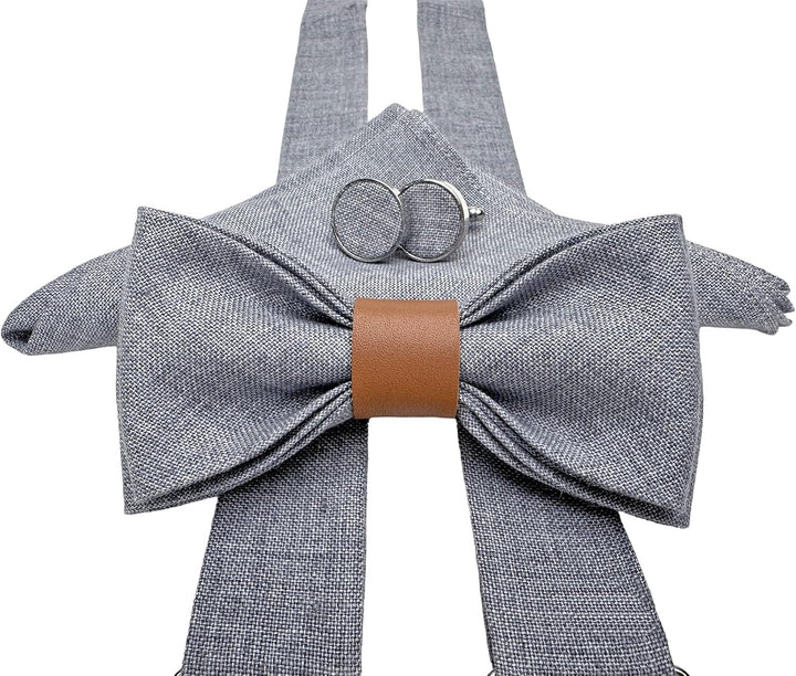 LINILI Leinen Accessoires SET: Fliege, Hosenträger, Einstecktuch, Manschettenknöpfe- Fliege Bereits
