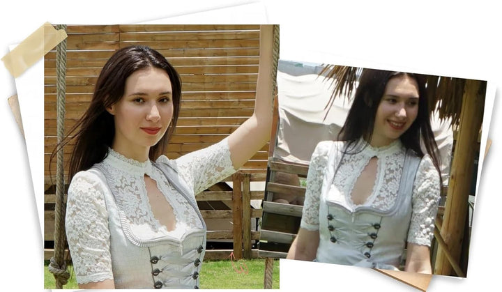 Dirndlwelle Oktoberfest Damen Dirndlbluse Elegante Trachtenbluse Blumenmuster Kurzarm Weiss Spitzebl