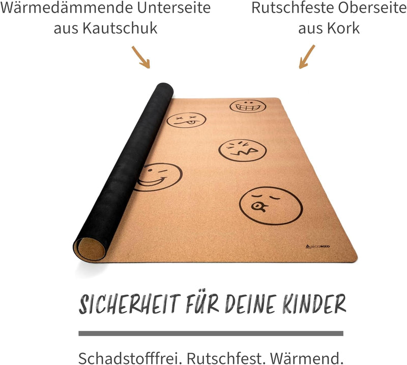 Secoroco Spielmatte aus Kork. Schadstofffreie Krabbelmatte für Babys und Kinder. Smileys 140x110 cm