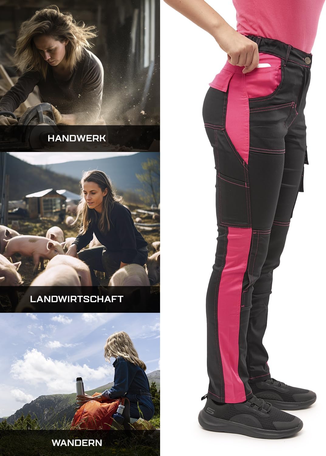 strongAnt Damen Arbeitshose komplett Stretch für Frauen Bundhose mit Kniepolstertaschen Schwarz Grau