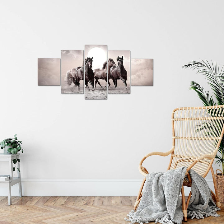 Runa Art Wandbilder Pferde 5 Teilig Bild auf Vlies Leinwand Deko Wohnzimmer Schlafzimmer Tiere Rosa