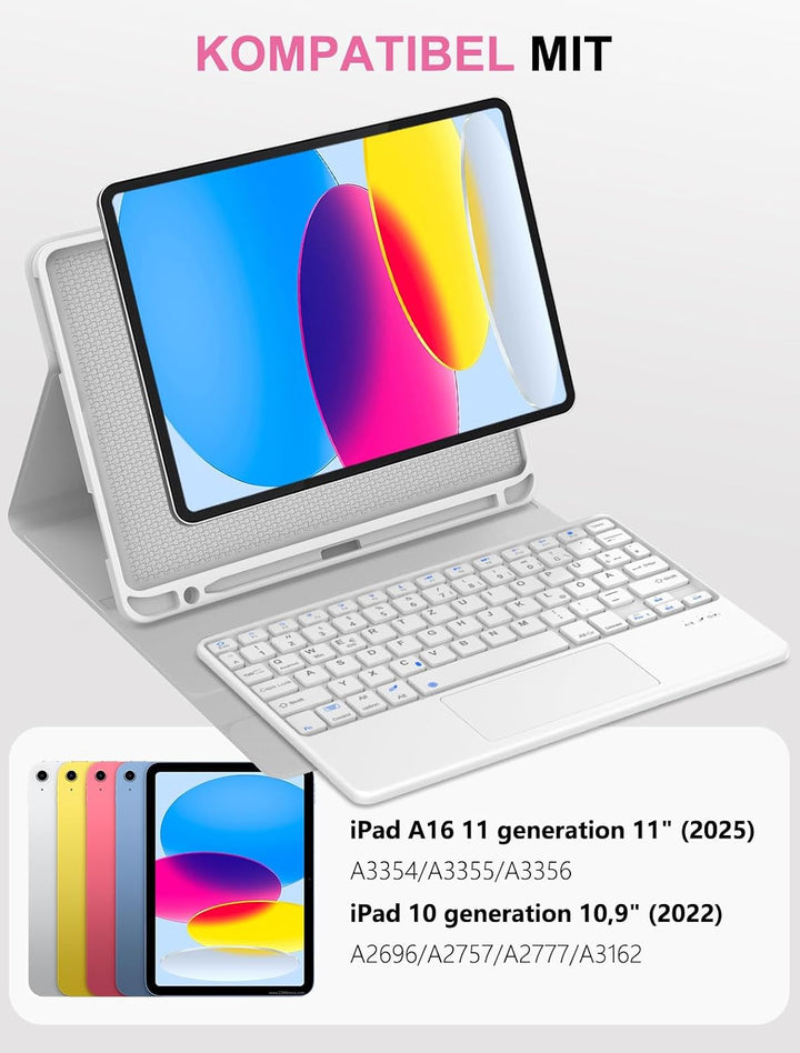 JADEMALL Für iPad Hülle mit Tastatur für 11./10. Gen (2025/2022) – Mit Präzisions-Touchpad, Abnehmba