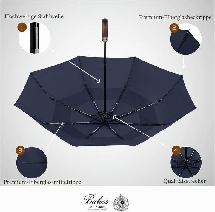 Balios® Regenschirm Mit Echtem Holzgriff -Optional | Auf Zu Automatik | Sturmfest & Windsicher | Tas