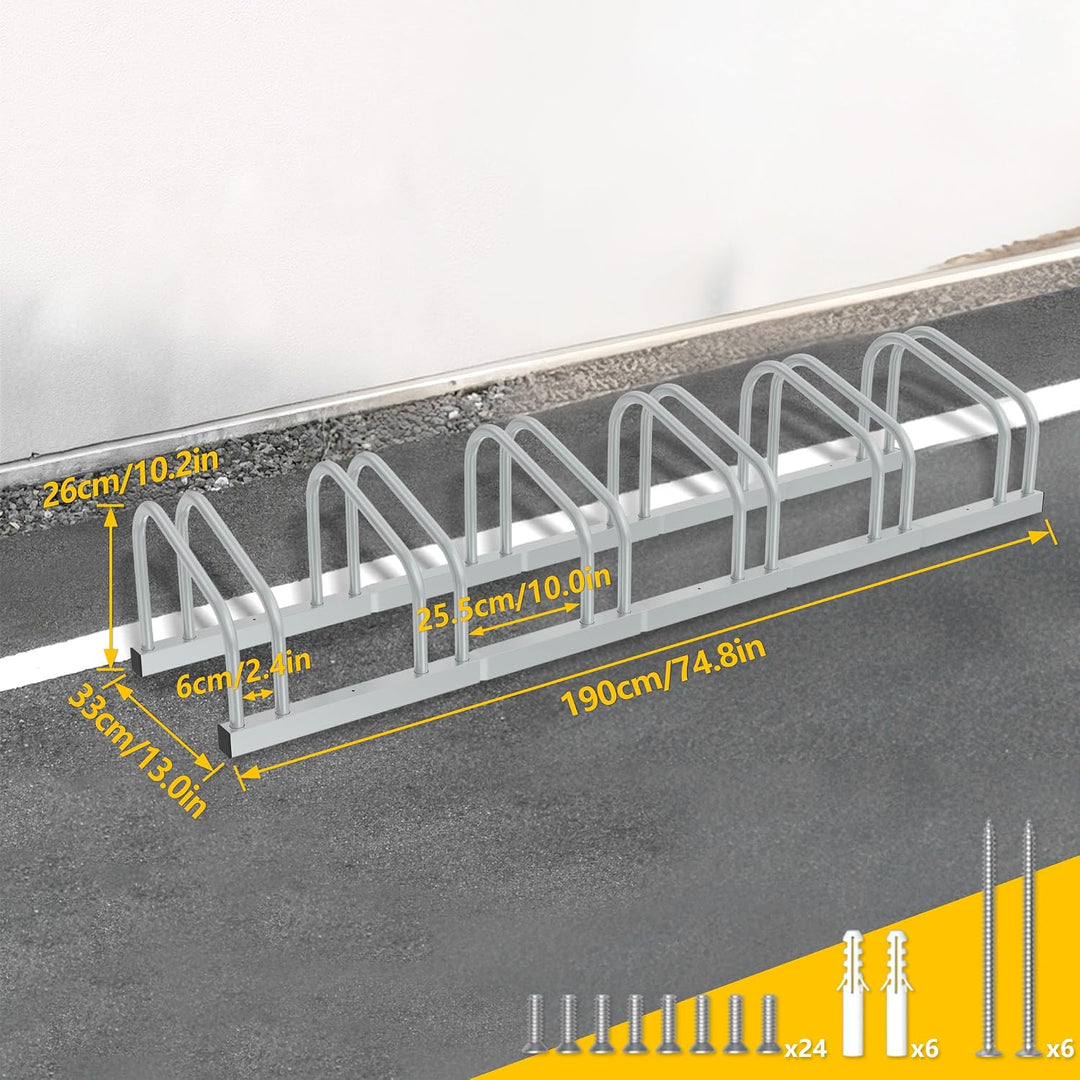 Froadp Fahrradständer Boden für 6 Fahrräder,Mehrfachständer für 30-65mm Reifenbreite, Galvanisierter