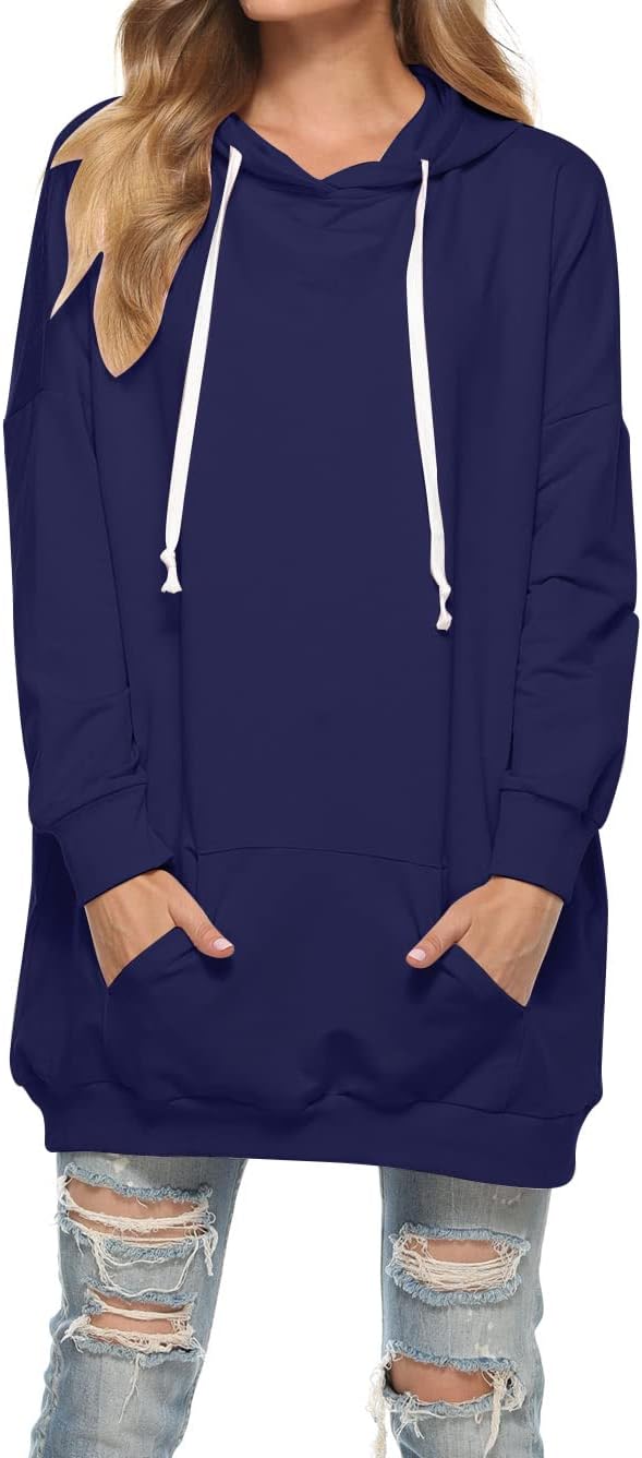 Famulily Damen Oversized Hoodie Kleid Baumwolle Lang Sweatshirt mit Kapuze Einfarbige Kapuzenpullove