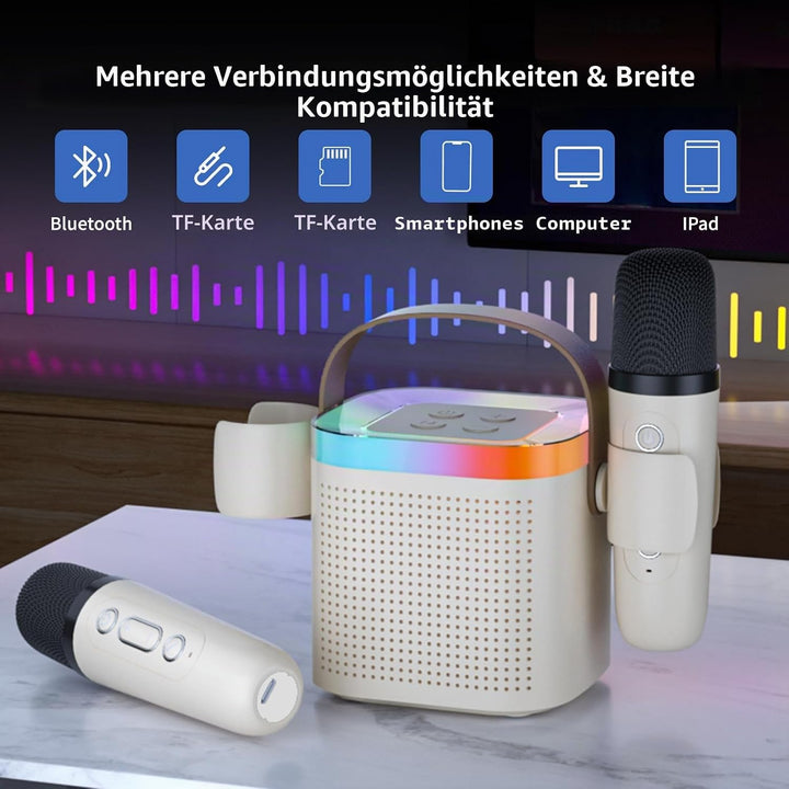 Mini Karaoke Maschine mit 2 Mikrofones, Kreative Musik Lautsprecher mit Mic Halter für Kinder Erwach
