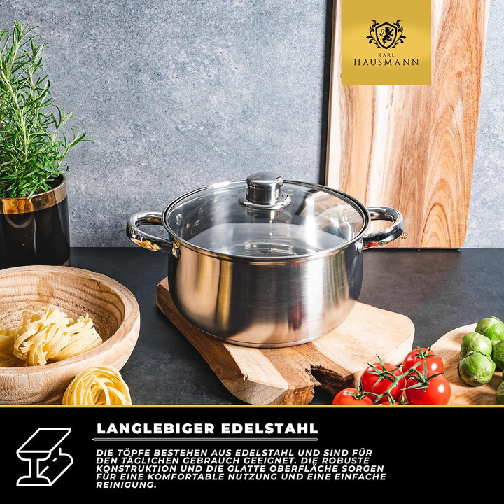 Topfset Induktion 3-teilig, Kochtopf Set mit Glasdeckel, Edelstahl mattiert, Induktions Töpfe Set un